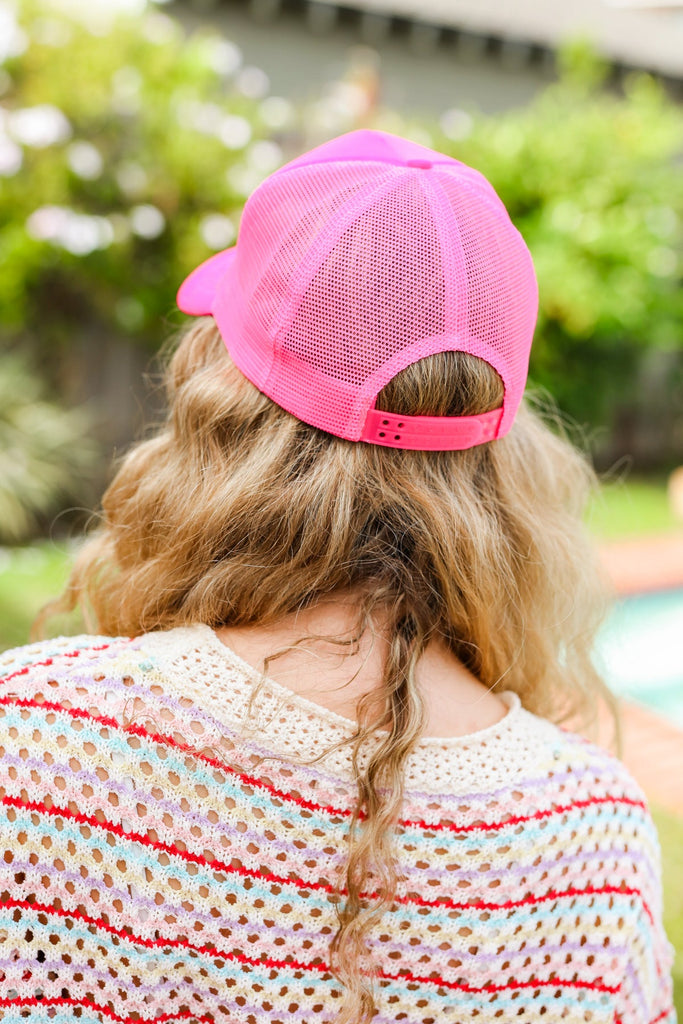 Neon Pink Glitter Smiley Face Mesh Trucker Hat-Timber Brooke Boutique, Online Women's Fashion Boutique in Amarillo, Texas