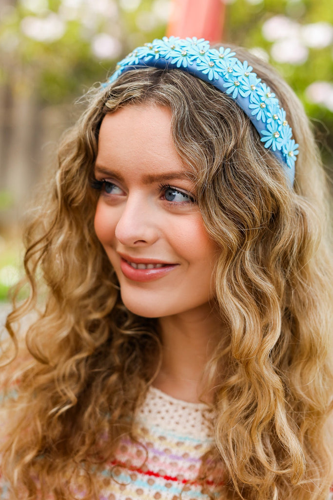 Blue Satin Daisy Rhinestone Headband-Timber Brooke Boutique, Online Women's Fashion Boutique in Amarillo, Texas