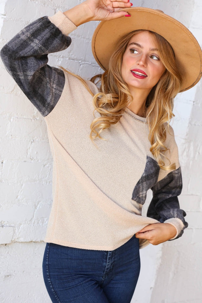 Plaid Knit Pocket Top with Reverse Stitch Detail-Timber Brooke Boutique, Online Women's Fashion Boutique in Amarillo, Texas