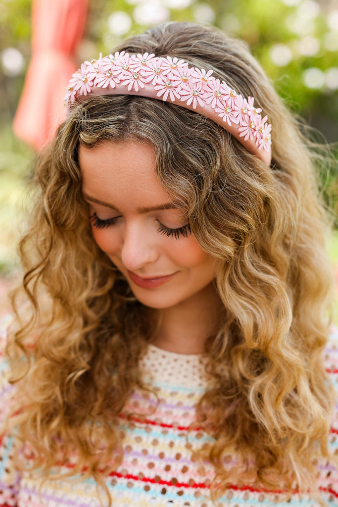Pink Satin Daisy Rhinestone Headband-Timber Brooke Boutique, Online Women's Fashion Boutique in Amarillo, Texas