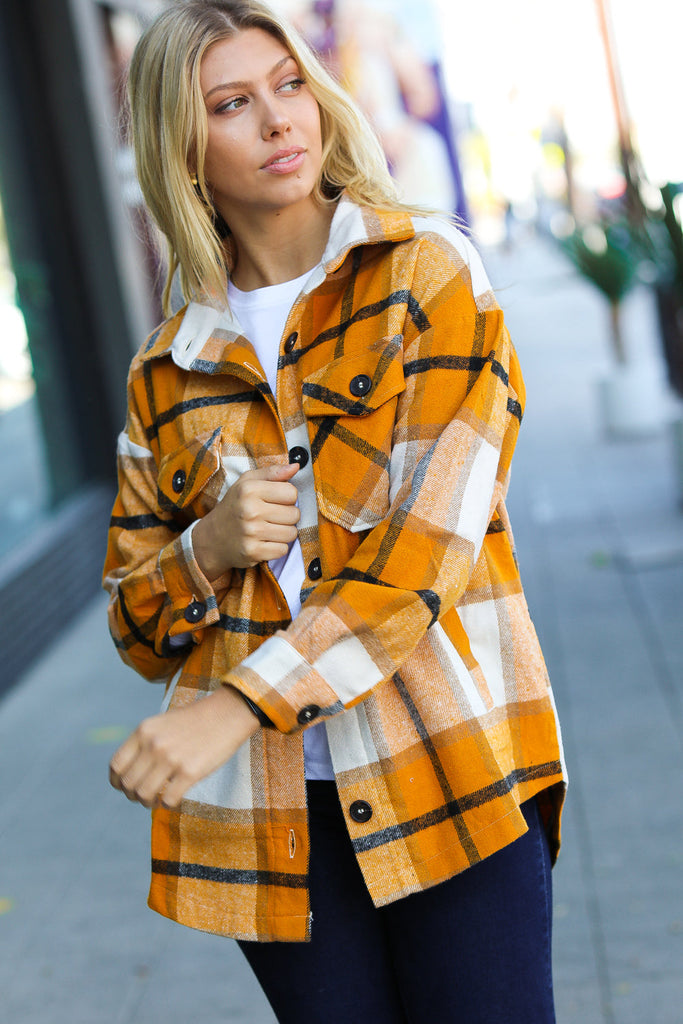 Weekend Ready Butterscotch Plaid Flannel Oversized Jacket-Timber Brooke Boutique, Online Women's Fashion Boutique in Amarillo, Texas