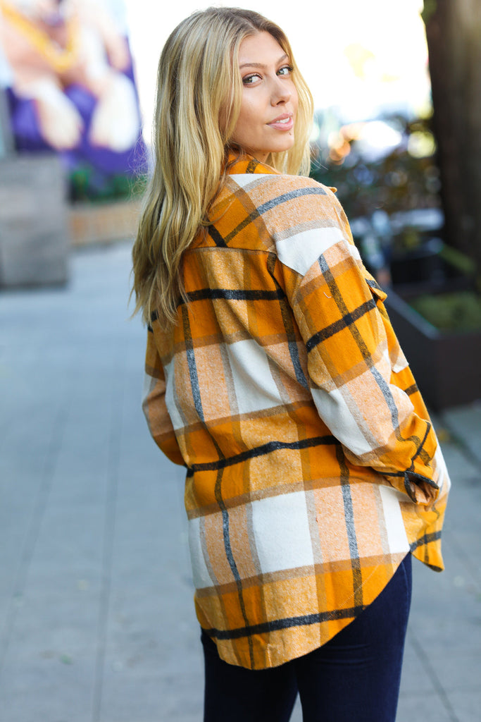Weekend Ready Butterscotch Plaid Flannel Oversized Jacket-Timber Brooke Boutique, Online Women's Fashion Boutique in Amarillo, Texas