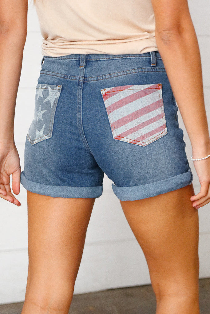 Button Down Cuffed Hem Patriotic Pocket Shorts-Denim-Timber Brooke Boutique, Online Women's Fashion Boutique in Amarillo, Texas