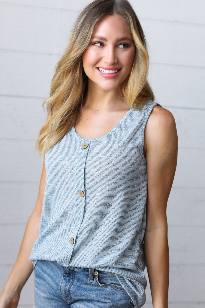 Light Blue Two Tone Button Down Sleeveless Top-Timber Brooke Boutique, Online Women's Fashion Boutique in Amarillo, Texas
