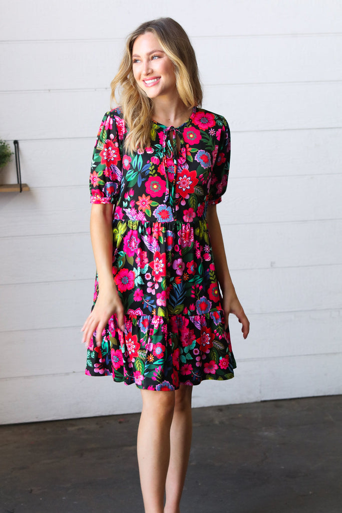 Black & Fuchsia Flat Floral Tiered Front Tie Pocketed Dress-Timber Brooke Boutique, Online Women's Fashion Boutique in Amarillo, Texas