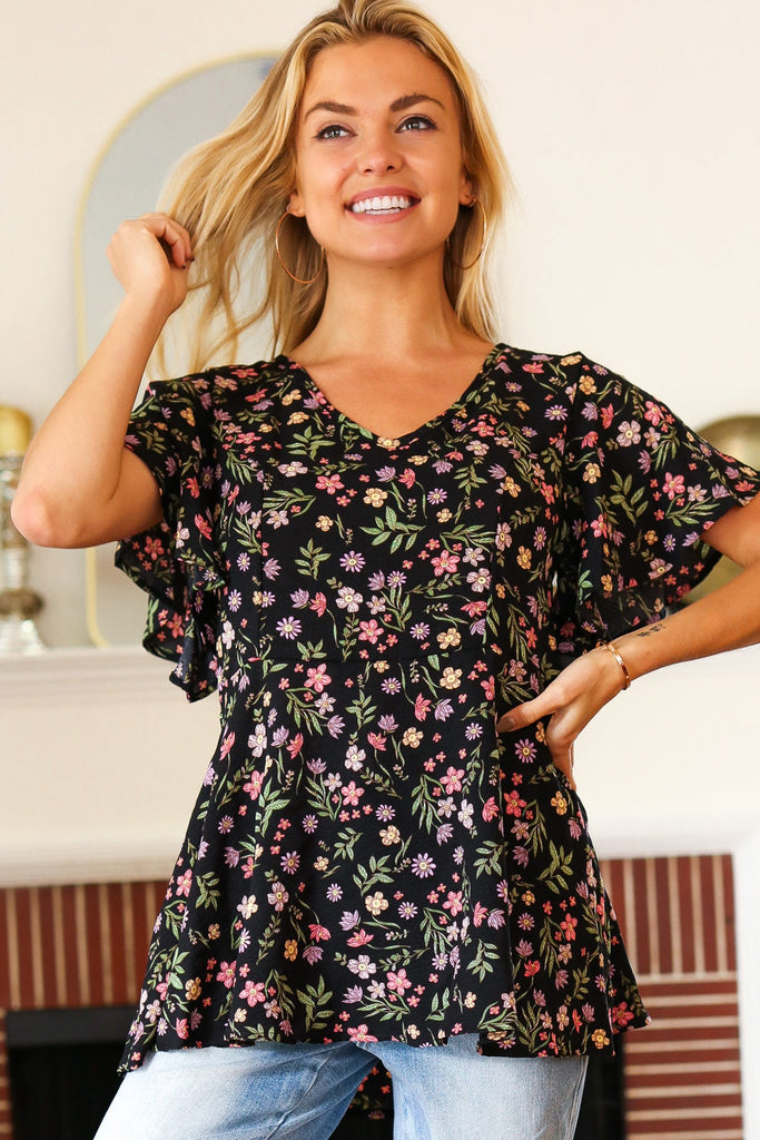 Summer Vibes Black Floral Print V Neck Babydoll Crepe Top-Timber Brooke Boutique, Online Women's Fashion Boutique in Amarillo, Texas