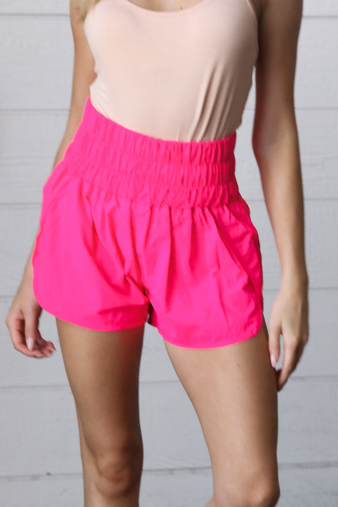 Neon Coral Smocked Waistband Work Out Shorts-Timber Brooke Boutique, Online Women's Fashion Boutique in Amarillo, Texas