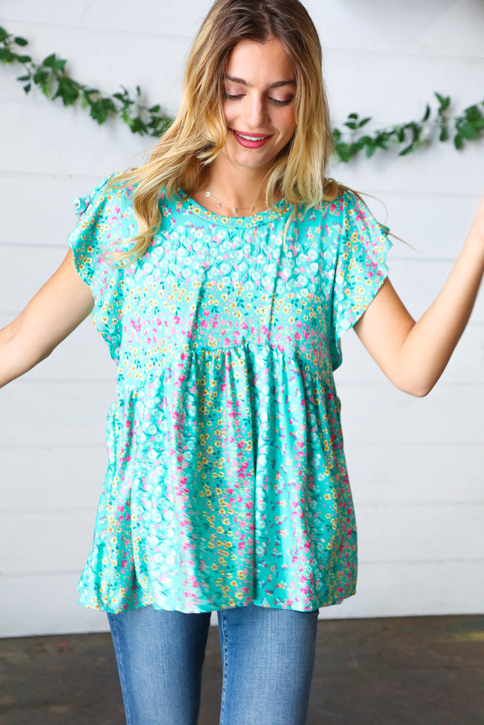 Turquoise Floral Stripe Babydoll Top-Timber Brooke Boutique, Online Women's Fashion Boutique in Amarillo, Texas