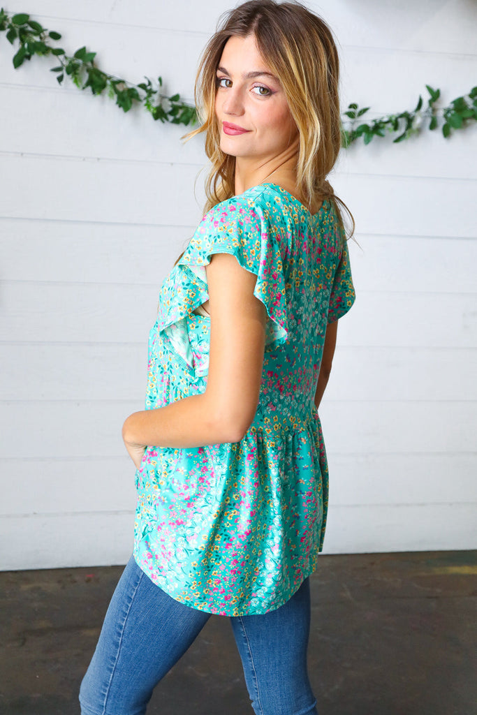 Turquoise Floral Stripe Babydoll Top-Timber Brooke Boutique, Online Women's Fashion Boutique in Amarillo, Texas