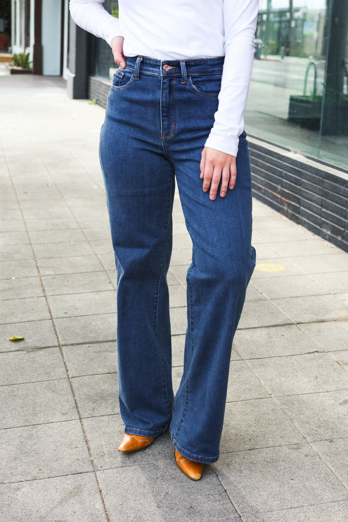 Judy Blue Medium Wash High Waist Wide Leg Jeans-Timber Brooke Boutique, Online Women's Fashion Boutique in Amarillo, Texas