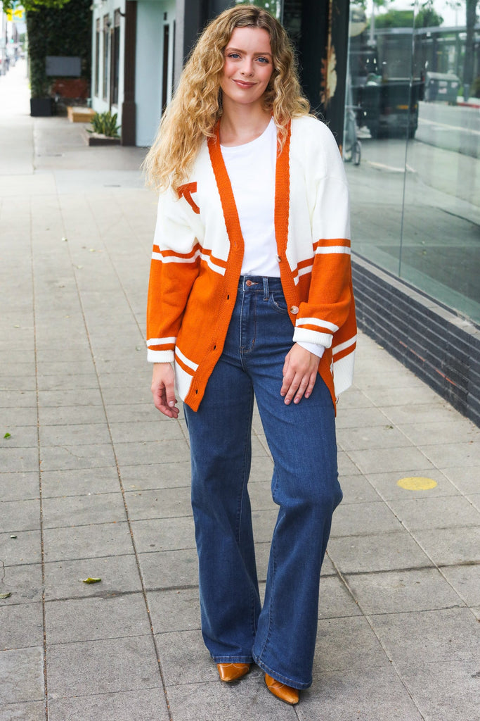 Game Day Burnt Orange "T" Embroidered Cardigan-Timber Brooke Boutique, Online Women's Fashion Boutique in Amarillo, Texas