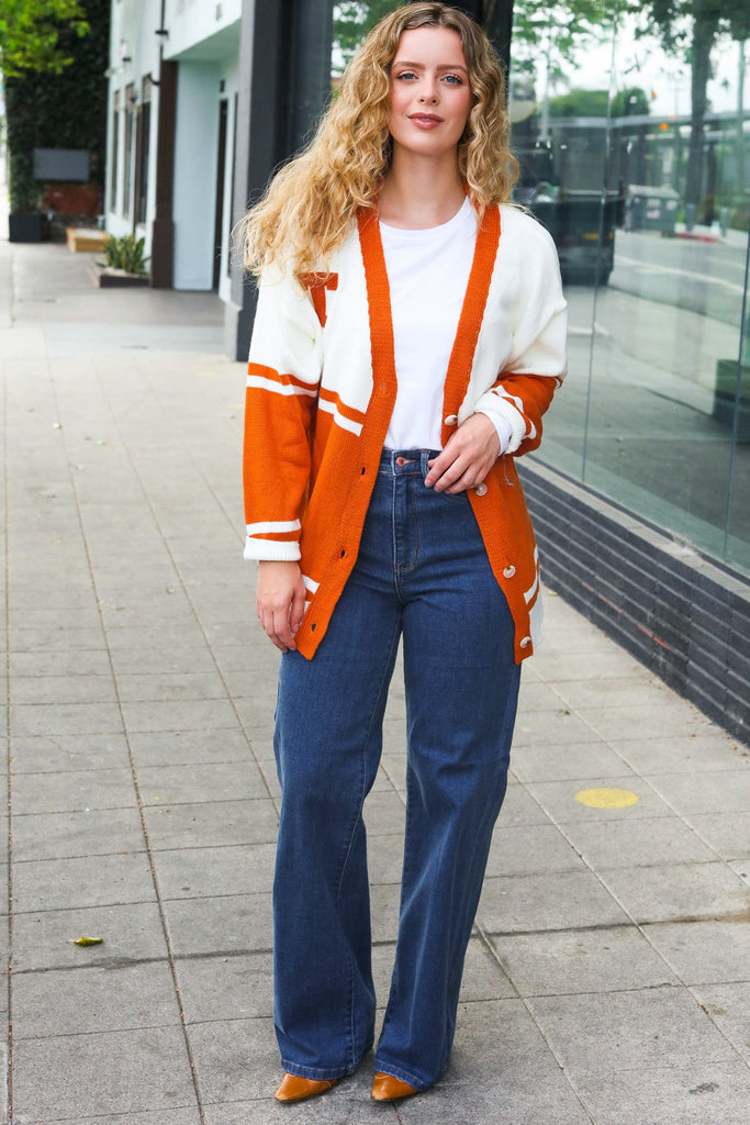 Game Day Burnt Orange "T" Embroidered Cardigan-Timber Brooke Boutique, Online Women's Fashion Boutique in Amarillo, Texas