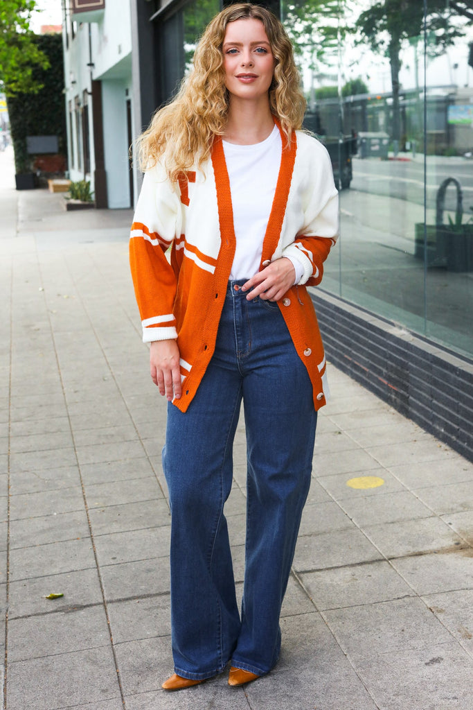 Game Day Burnt Orange "T" Embroidered Cardigan-Timber Brooke Boutique, Online Women's Fashion Boutique in Amarillo, Texas