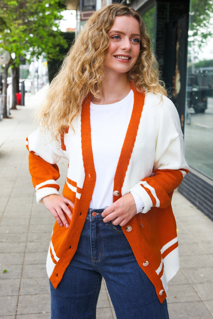 Game Day Burnt Orange "T" Embroidered Cardigan-Timber Brooke Boutique, Online Women's Fashion Boutique in Amarillo, Texas