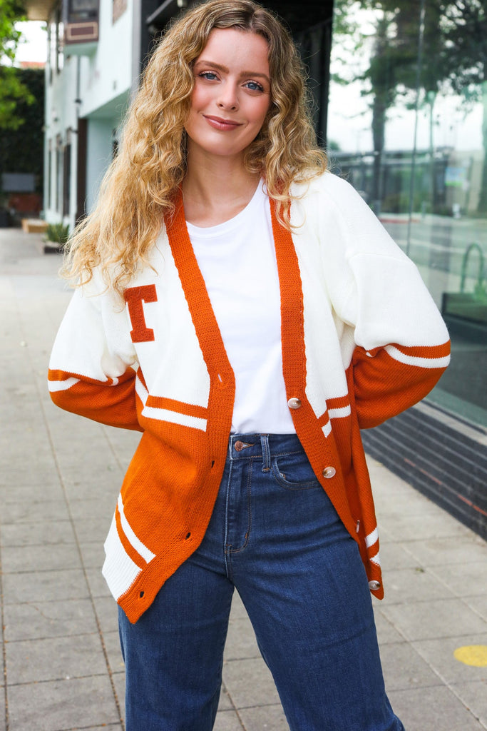 Game Day Burnt Orange "T" Embroidered Cardigan-Timber Brooke Boutique, Online Women's Fashion Boutique in Amarillo, Texas