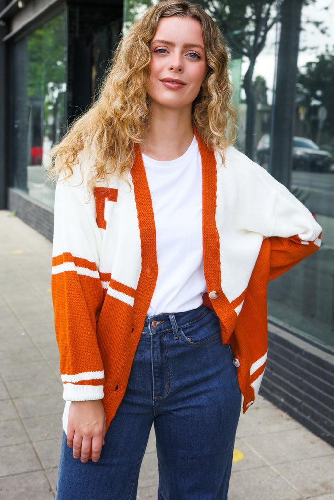 Game Day Burnt Orange "T" Embroidered Cardigan-Timber Brooke Boutique, Online Women's Fashion Boutique in Amarillo, Texas