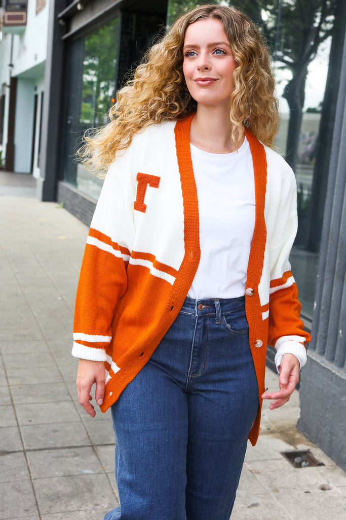 Game Day Burnt Orange "T" Embroidered Cardigan-Timber Brooke Boutique, Online Women's Fashion Boutique in Amarillo, Texas