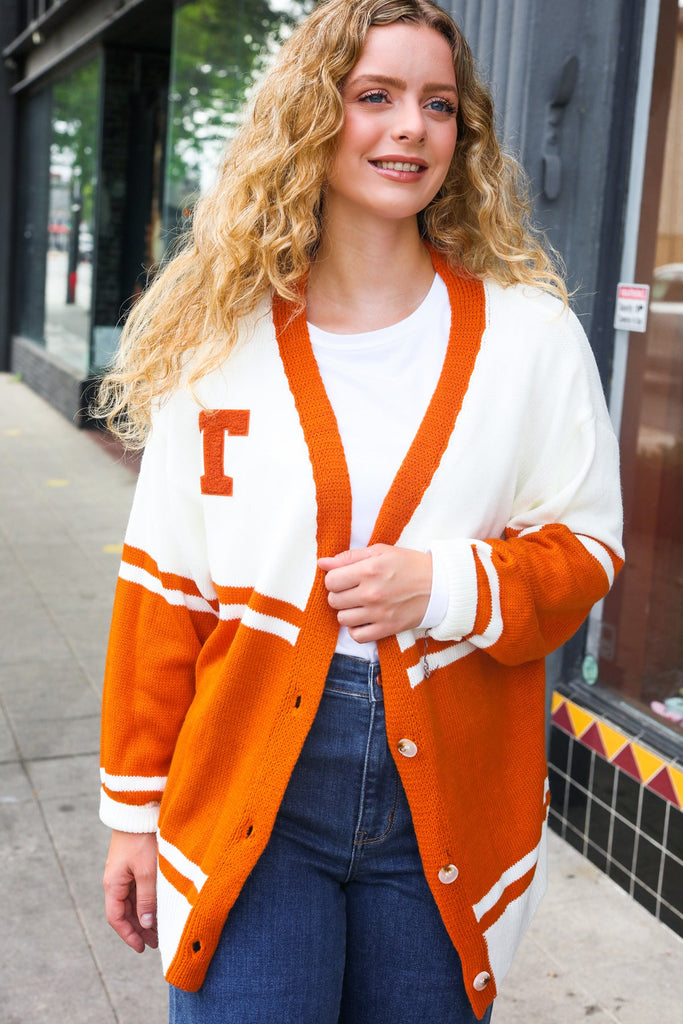 Game Day Burnt Orange "T" Embroidered Cardigan-Timber Brooke Boutique, Online Women's Fashion Boutique in Amarillo, Texas