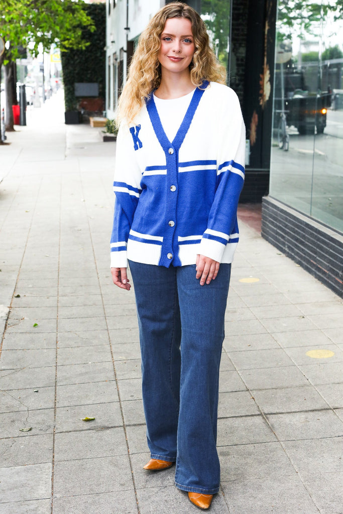 Game Day Blue "K" Embroidered Cardigan-Timber Brooke Boutique, Online Women's Fashion Boutique in Amarillo, Texas