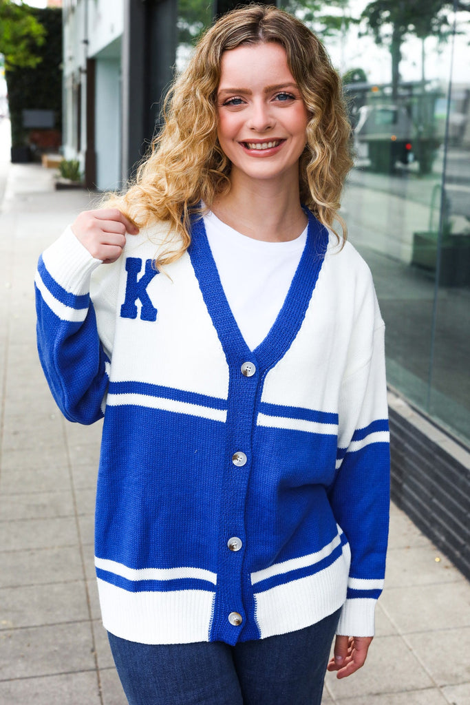 Game Day Blue "K" Embroidered Cardigan-Timber Brooke Boutique, Online Women's Fashion Boutique in Amarillo, Texas