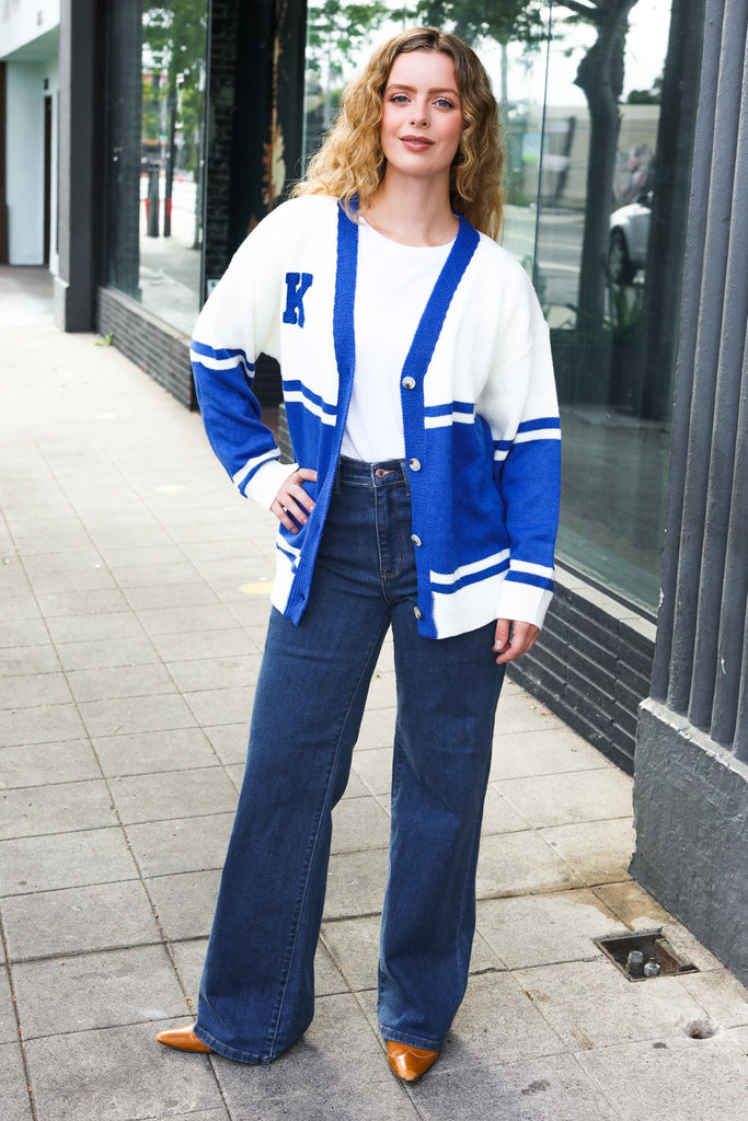 Game Day Blue "K" Embroidered Cardigan-Timber Brooke Boutique, Online Women's Fashion Boutique in Amarillo, Texas