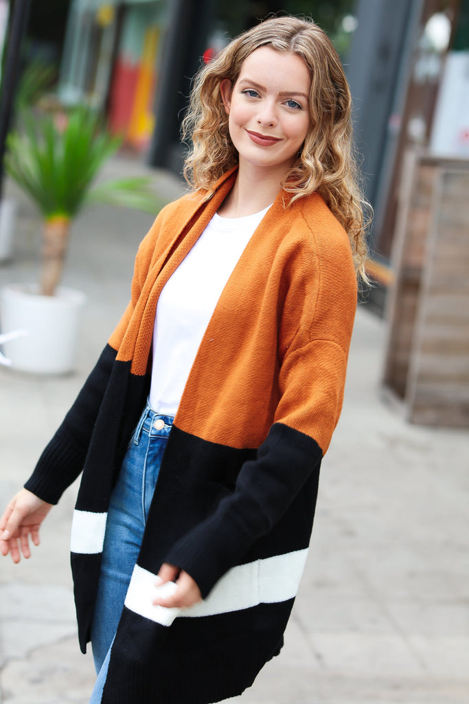 Layer Me Up Rust & Black Color Block Knit Open Cardigan-Cardigans and Wraps-Timber Brooke Boutique, Online Women's Fashion Boutique in Amarillo, Texas