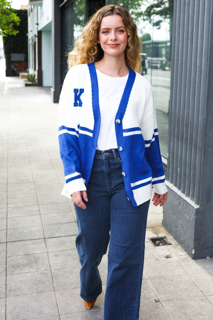 Game Day Blue "K" Embroidered Cardigan-Timber Brooke Boutique, Online Women's Fashion Boutique in Amarillo, Texas