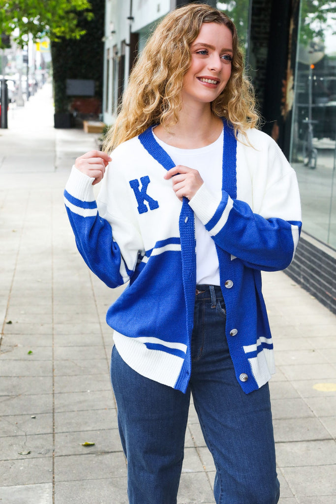 Game Day Blue "K" Embroidered Cardigan-Timber Brooke Boutique, Online Women's Fashion Boutique in Amarillo, Texas