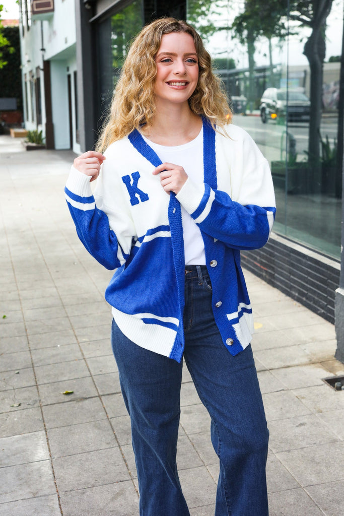 Game Day Blue "K" Embroidered Cardigan-Timber Brooke Boutique, Online Women's Fashion Boutique in Amarillo, Texas