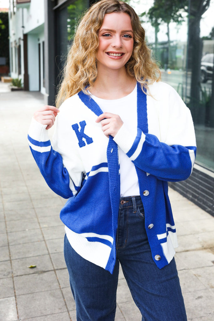 Game Day Blue "K" Embroidered Cardigan-Timber Brooke Boutique, Online Women's Fashion Boutique in Amarillo, Texas