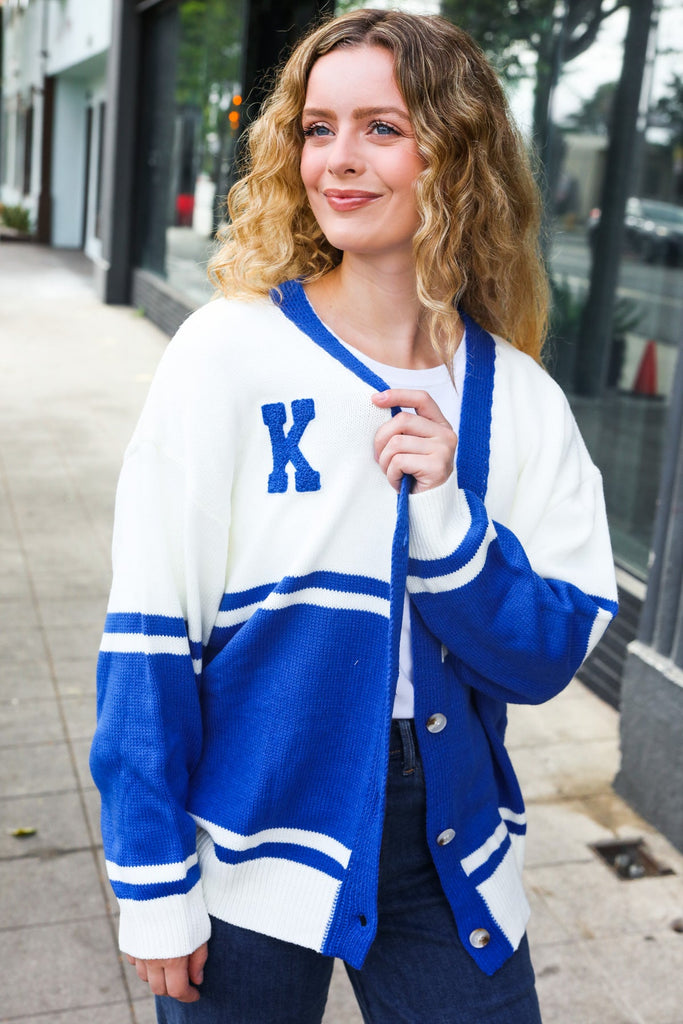 Game Day Blue "K" Embroidered Cardigan-Timber Brooke Boutique, Online Women's Fashion Boutique in Amarillo, Texas