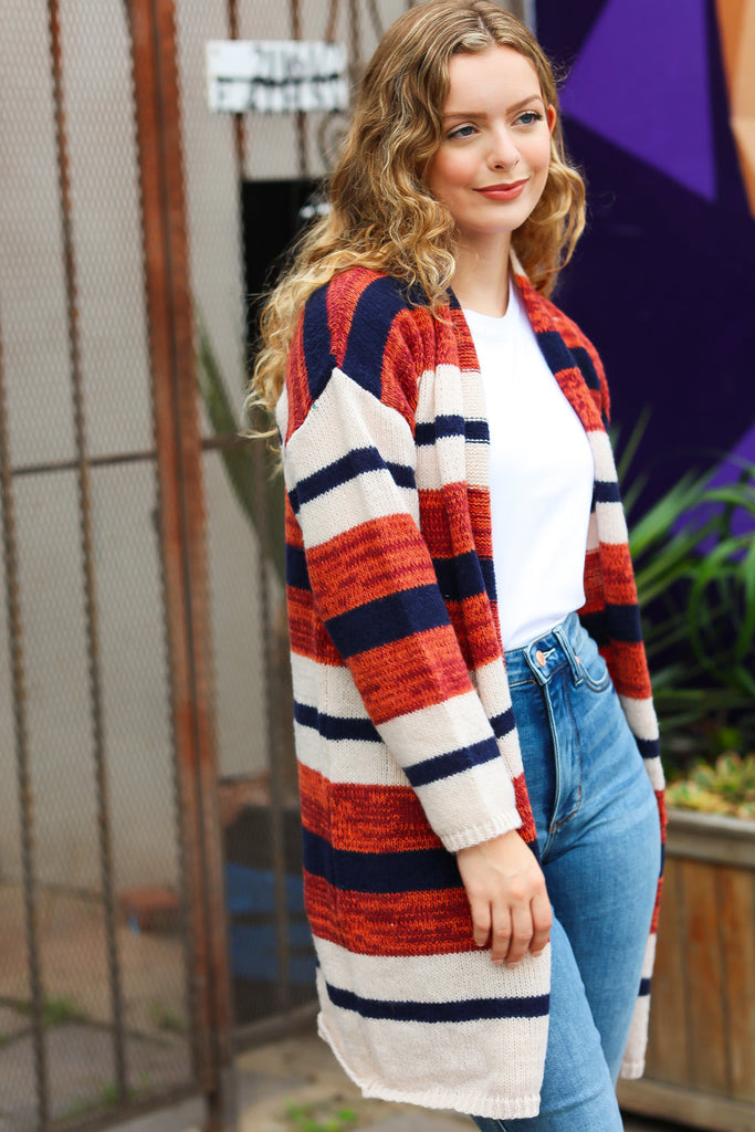 All Put Together Rust & Navy Striped Pocketed Cardigan-Cardigans and Wraps-Timber Brooke Boutique, Online Women's Fashion Boutique in Amarillo, Texas