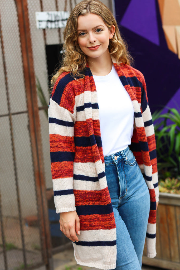 All Put Together Rust & Navy Striped Pocketed Cardigan-Cardigans and Wraps-Timber Brooke Boutique, Online Women's Fashion Boutique in Amarillo, Texas