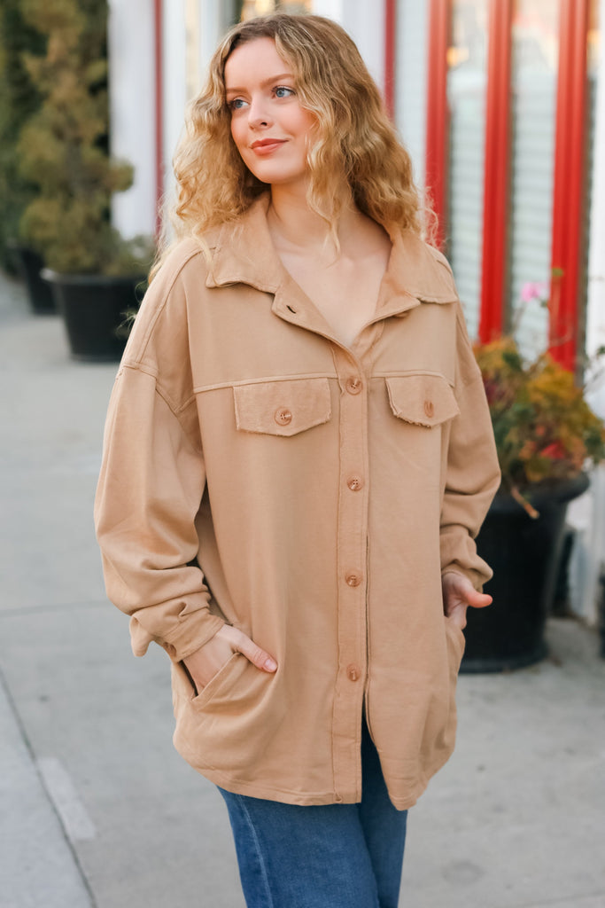 Good Times Camel Terry Oversized Shirt Shacket-Timber Brooke Boutique, Online Women's Fashion Boutique in Amarillo, Texas