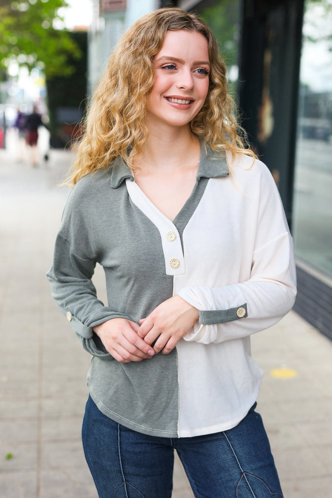 Start Your Day Olive Half & Half Collared Notched Neck Top-Timber Brooke Boutique, Online Women's Fashion Boutique in Amarillo, Texas