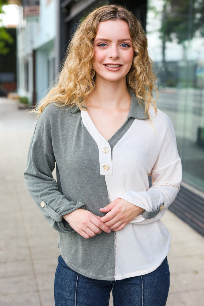 Start Your Day Olive Half & Half Collared Notched Neck Top-Timber Brooke Boutique, Online Women's Fashion Boutique in Amarillo, Texas