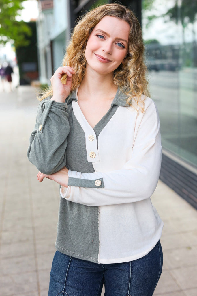 Start Your Day Olive Half & Half Collared Notched Neck Top-Timber Brooke Boutique, Online Women's Fashion Boutique in Amarillo, Texas