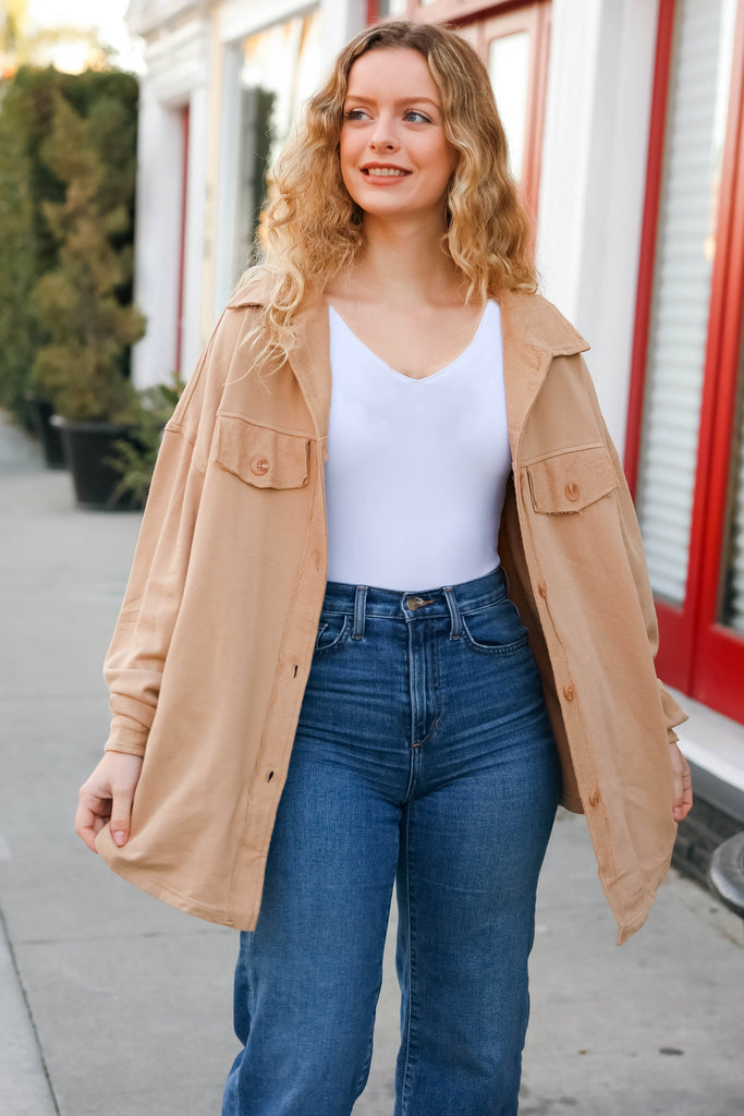 Good Times Camel Terry Oversized Shirt Shacket-Timber Brooke Boutique, Online Women's Fashion Boutique in Amarillo, Texas