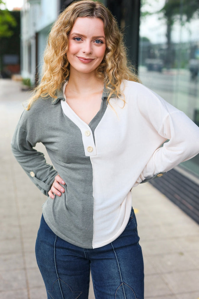 Start Your Day Olive Half & Half Collared Notched Neck Top-Timber Brooke Boutique, Online Women's Fashion Boutique in Amarillo, Texas