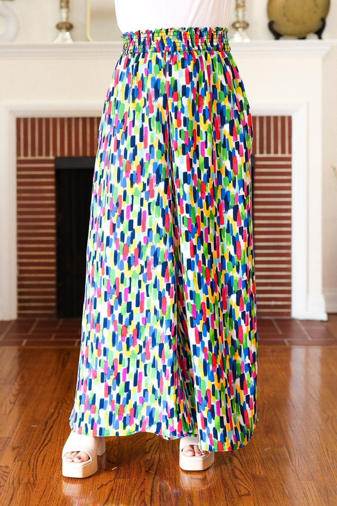 Stand Out Navy & Green Abstract Print Smocked Waist Palazzo Pants-Timber Brooke Boutique, Online Women's Fashion Boutique in Amarillo, Texas