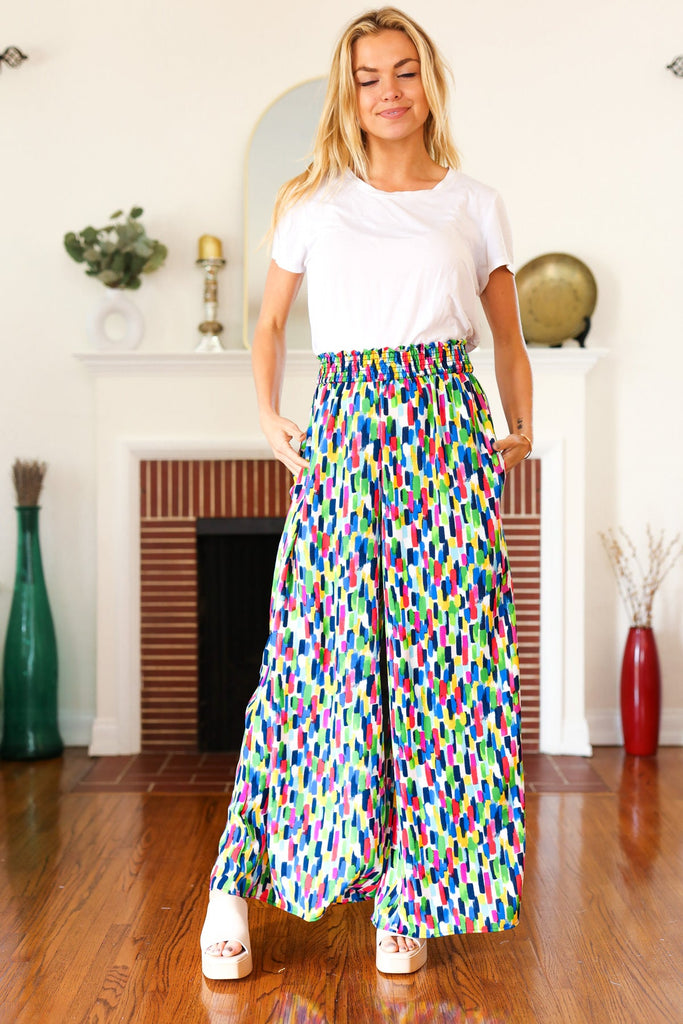 Stand Out Navy & Green Abstract Print Smocked Waist Palazzo Pants-Timber Brooke Boutique, Online Women's Fashion Boutique in Amarillo, Texas