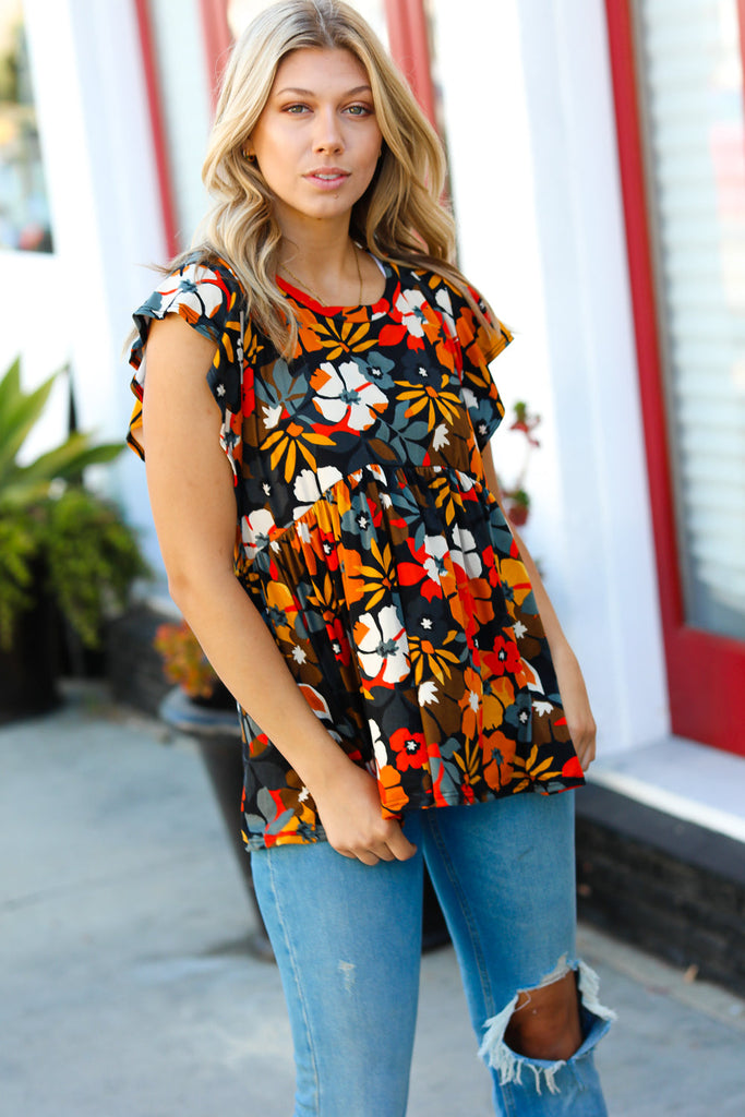 Burnt Orange Flat Floral Print Ruffle Sleeve Babydoll Top-Timber Brooke Boutique, Online Women's Fashion Boutique in Amarillo, Texas