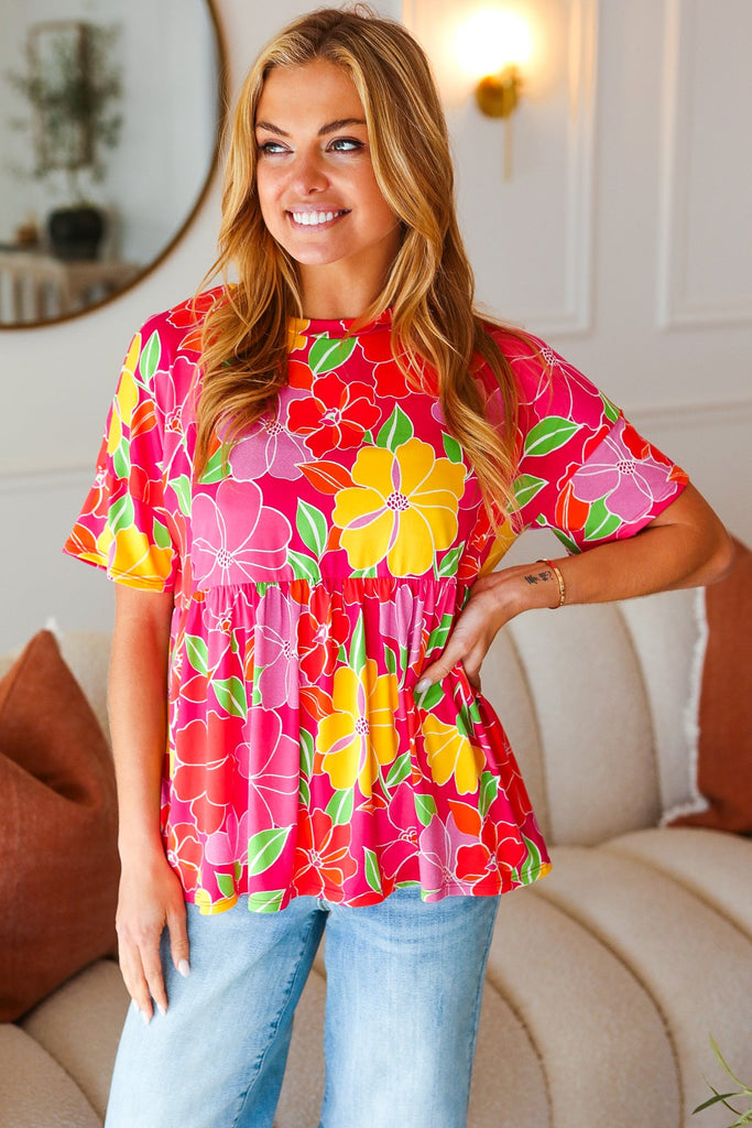 Time For Sun Fuchsia Floral Drop Shoulder Babydoll Top-Timber Brooke Boutique, Online Women's Fashion Boutique in Amarillo, Texas