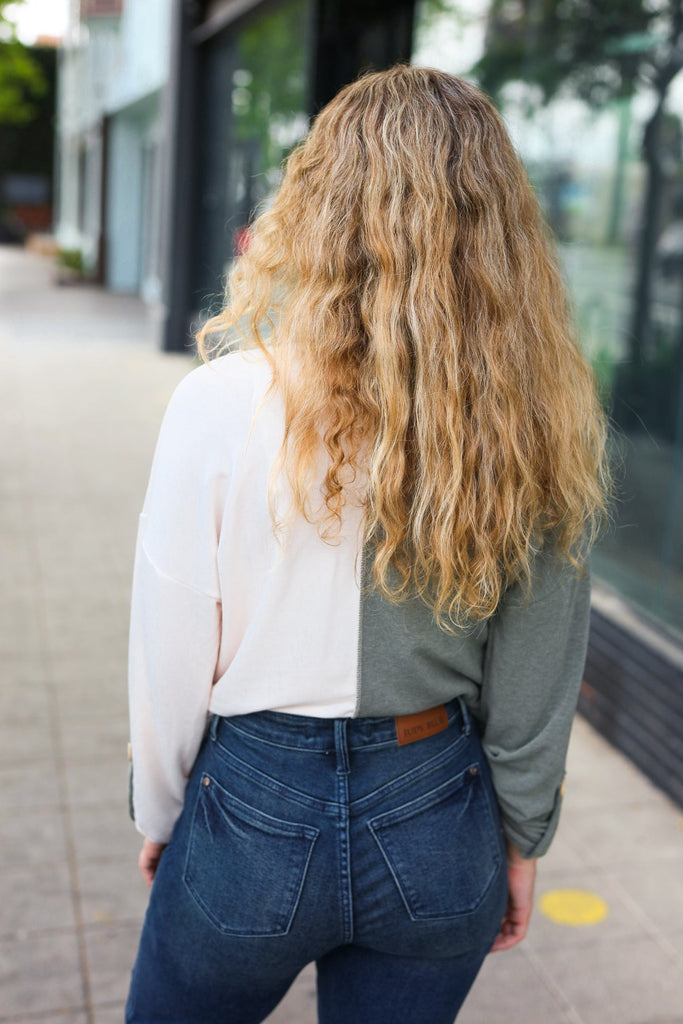 Start Your Day Olive Half & Half Collared Notched Neck Top-Timber Brooke Boutique, Online Women's Fashion Boutique in Amarillo, Texas