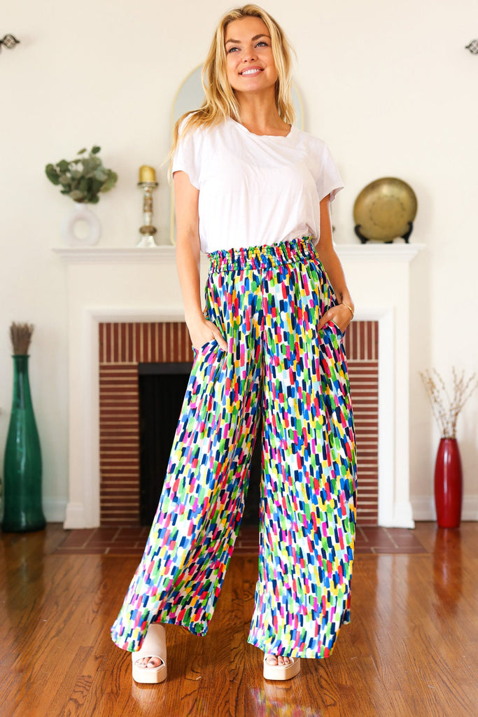 Stand Out Navy & Green Abstract Print Smocked Waist Palazzo Pants-Timber Brooke Boutique, Online Women's Fashion Boutique in Amarillo, Texas