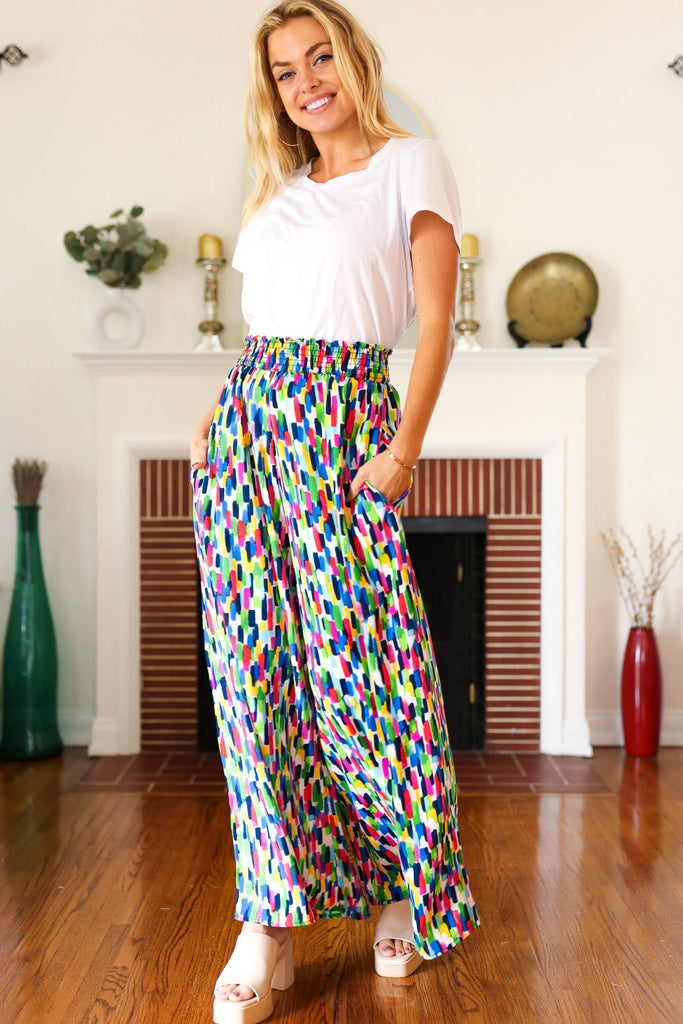 Stand Out Navy & Green Abstract Print Smocked Waist Palazzo Pants-Timber Brooke Boutique, Online Women's Fashion Boutique in Amarillo, Texas