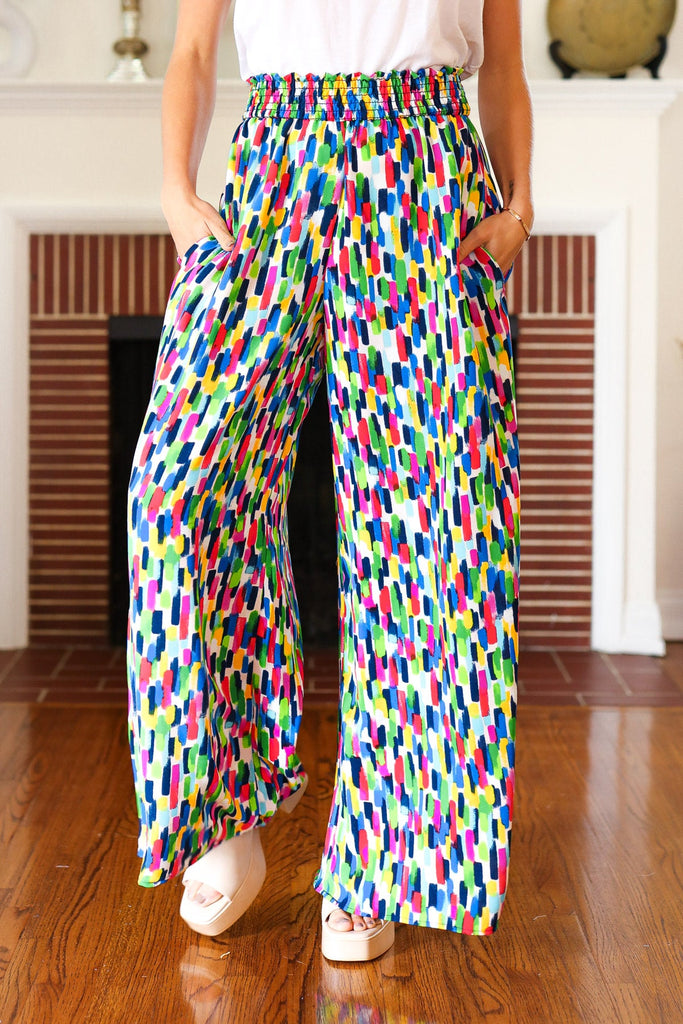 Stand Out Navy & Green Abstract Print Smocked Waist Palazzo Pants-Timber Brooke Boutique, Online Women's Fashion Boutique in Amarillo, Texas