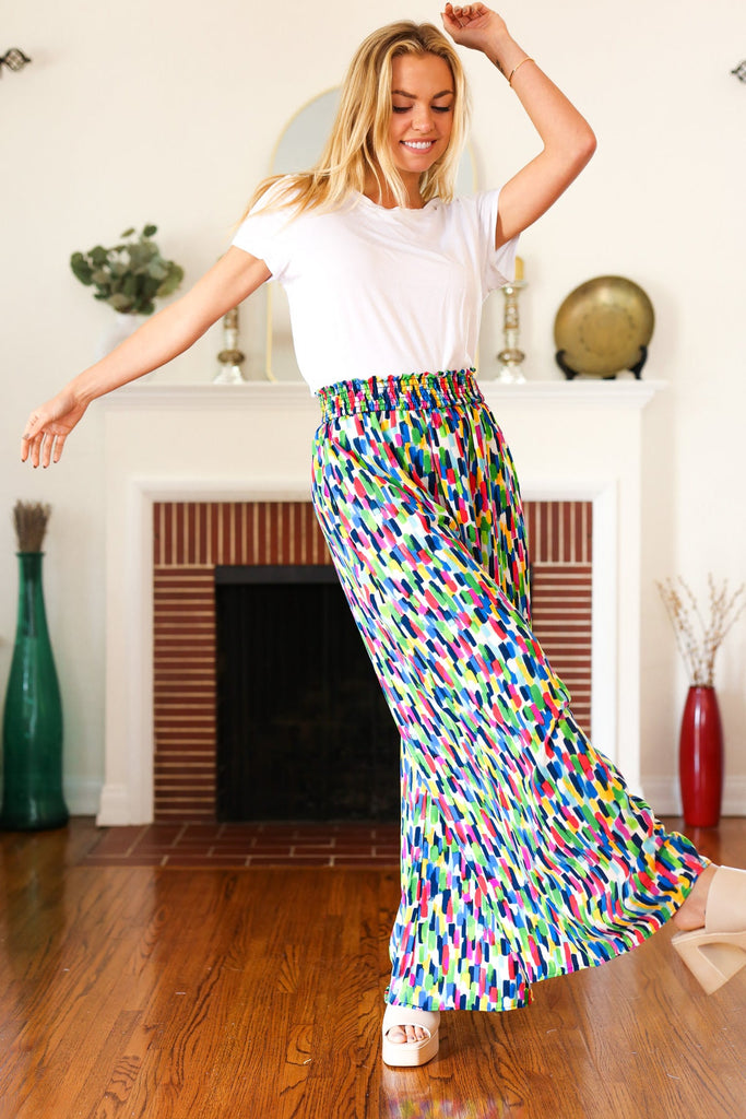 Stand Out Navy & Green Abstract Print Smocked Waist Palazzo Pants-Timber Brooke Boutique, Online Women's Fashion Boutique in Amarillo, Texas