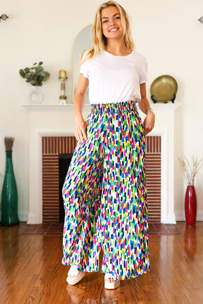 Stand Out Navy & Green Abstract Print Smocked Waist Palazzo Pants-Timber Brooke Boutique, Online Women's Fashion Boutique in Amarillo, Texas