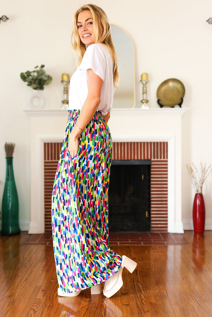 Stand Out Navy & Green Abstract Print Smocked Waist Palazzo Pants-Timber Brooke Boutique, Online Women's Fashion Boutique in Amarillo, Texas